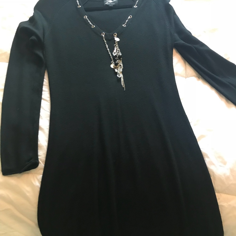 Black sweater dress with built in necklace accent